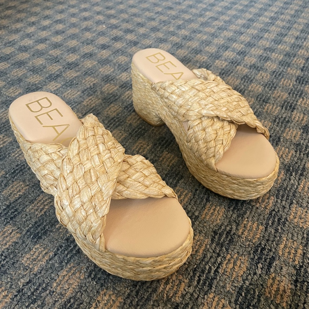 😍BEACH Natural Braided Platform Slide Sandals Size 6.5/7